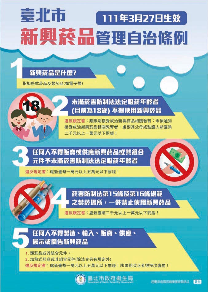 臺北市政府公布新興菸品管理自治條例